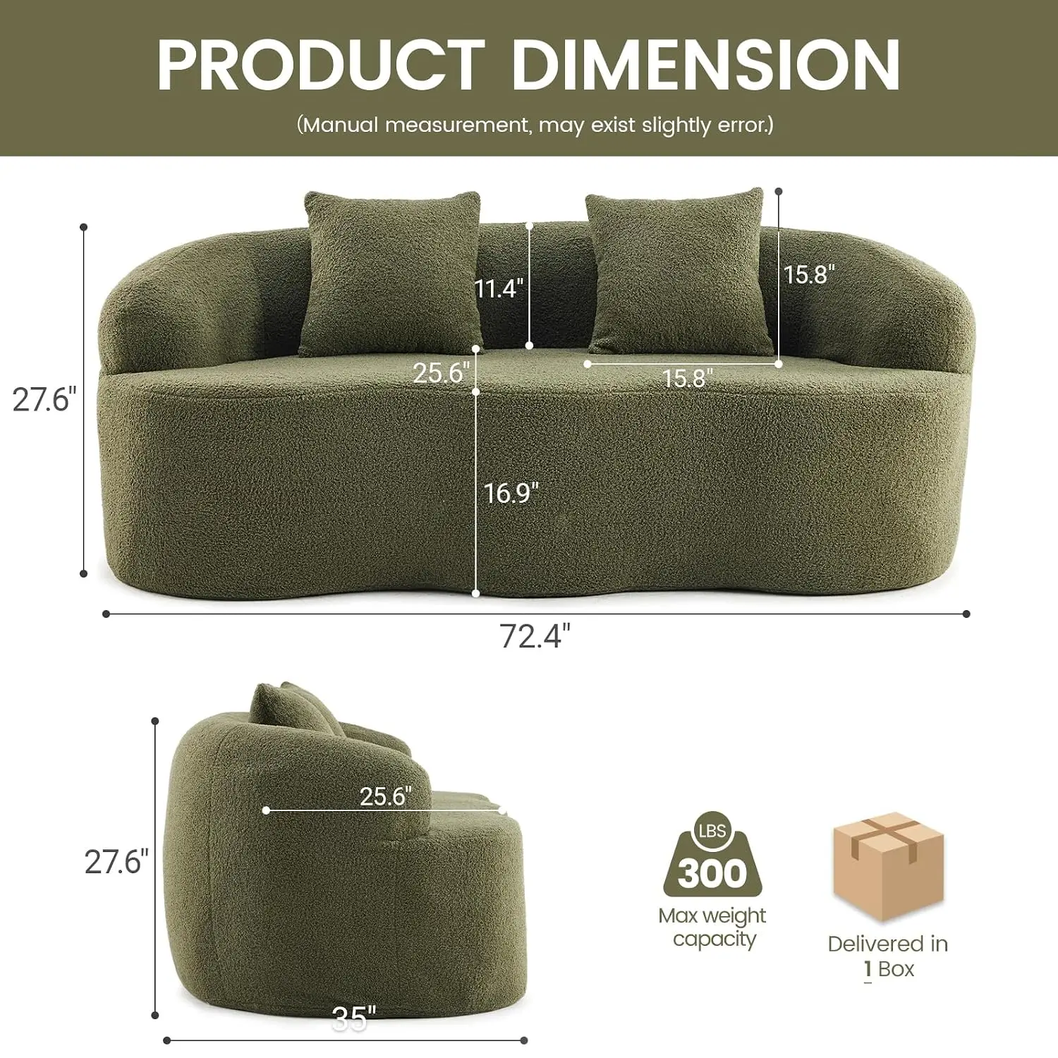 72” Curved Loveseat Sofa, Modern Teddy Boneless Couch with 2 Pillows for Small Spaces Living Room Bedroom, No, Customized