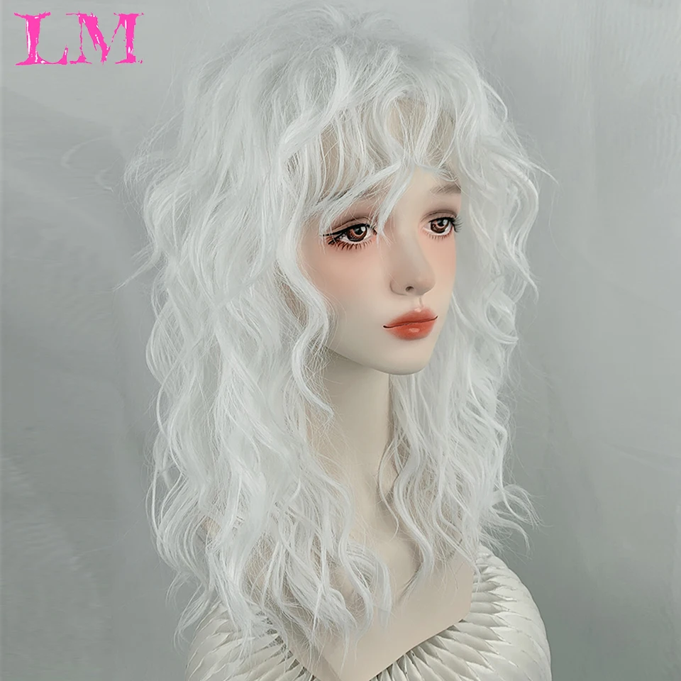 LM Long Water Wave Wig with Bangs White Colorful Cosplay Wig for Women Daily Party Natural Soft Synthetic Hair Heat Resistant