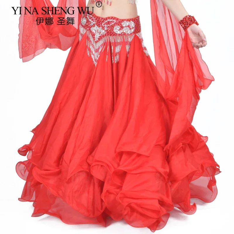 กระโปรง 3 ชั้นสำหรับผู้หญิง กระโปรงชีฟองสำหรับเต้นรำแบบตะวันออก กระโปรงทรงโค้งงอ ไม่มีเข็มขัด กระโปรงสำหรับการแสดงระบำหน้าท้อง กระโปรงสำหรับการแสดงบนเวที กระโปรงสไตล์สเปน