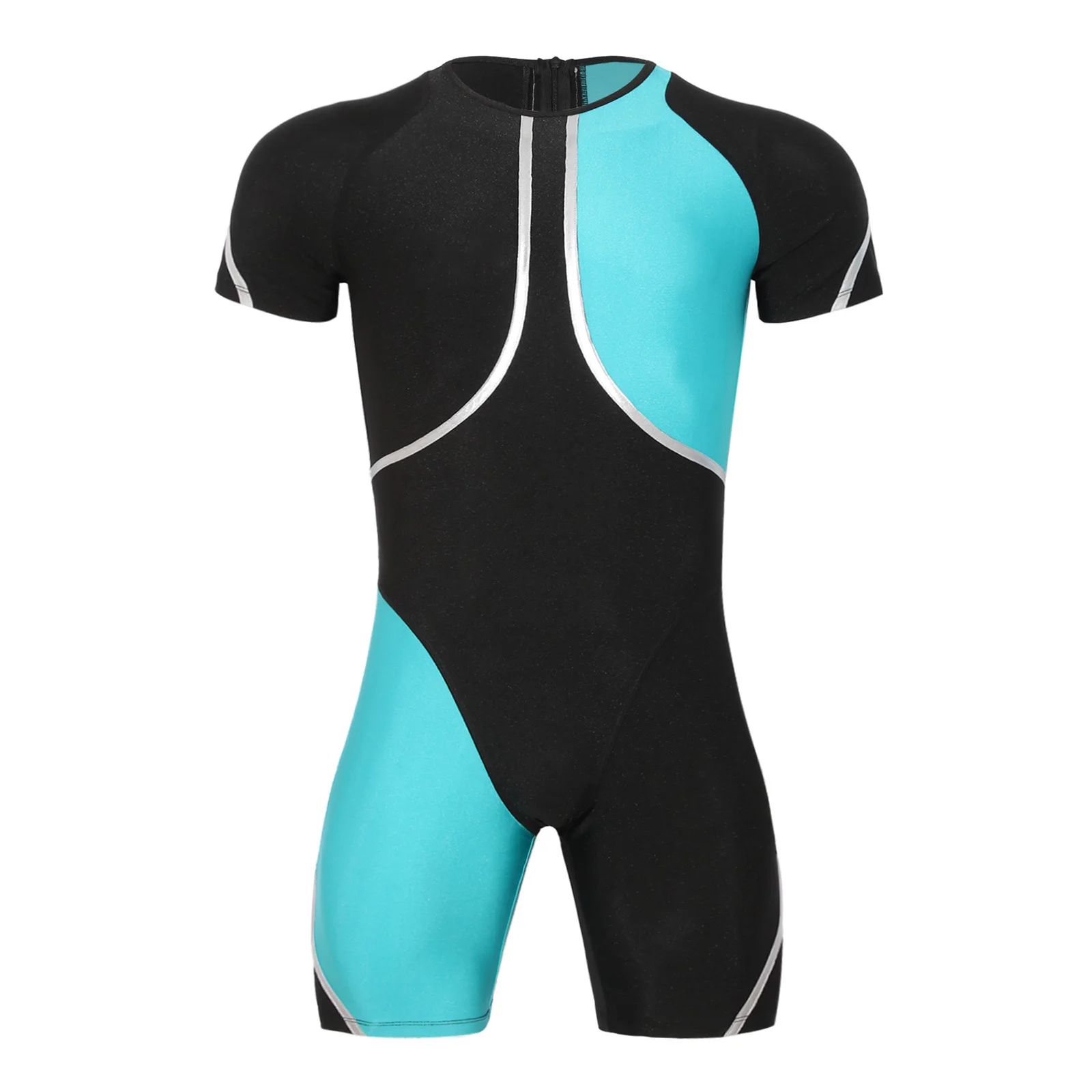 Herren-Einteiler-Rashguard-Tauchanzug, Badeanzug, kurzärmeliger Sport-Bodysuit mit Rückenreißverschluss und metallischem Besatz. – Detail 15