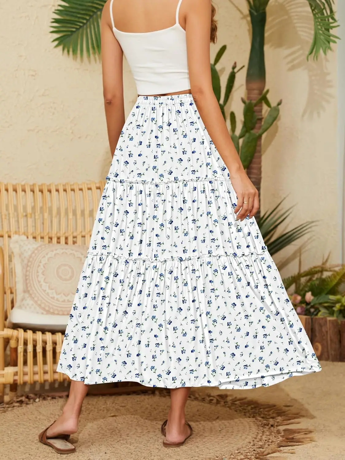 تنانير Luxy Trio للنساء تنورة طويلة مكشكشة بخصر مطاطي من بوهو