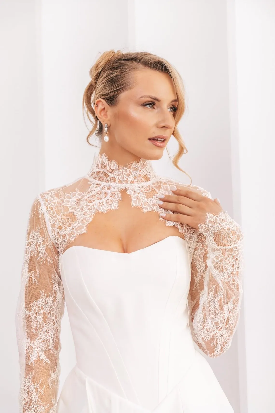 Customized Lace Wedding Boleros Full Sleeves High Neck Bride Shrug Women Special Occasion Bridal Jacket image 5