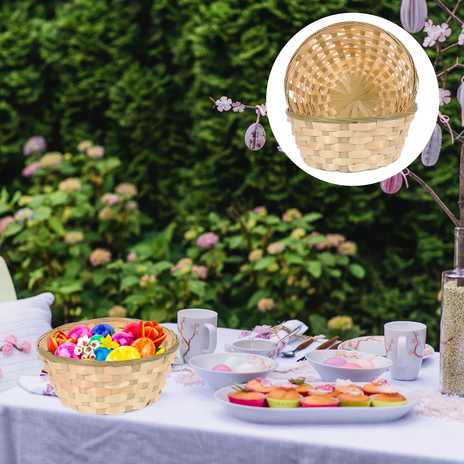 

2Pcs Bamboo Basket Round H woven Storage Baskets Small Lightweight Easter Woven Desk Straw Mini Picnic Household