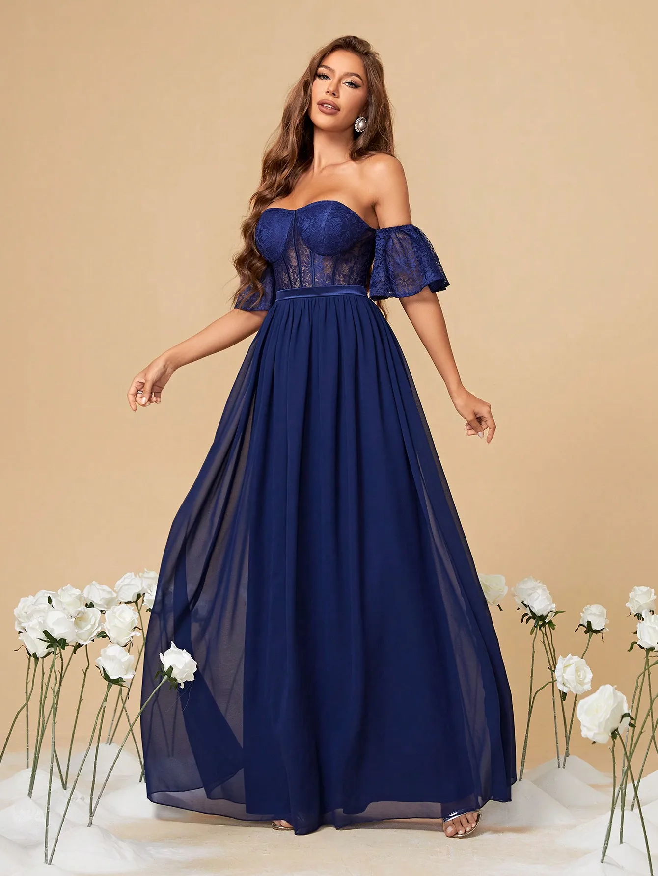 Mgiacy-فستان شيفون بطول كامل من الدانتيل على الصدر بأكمام لوتس ، مرقع ، ثوب سهرة ، فستان حفلة موسيقية ، فستان حفلة موسيقية #6