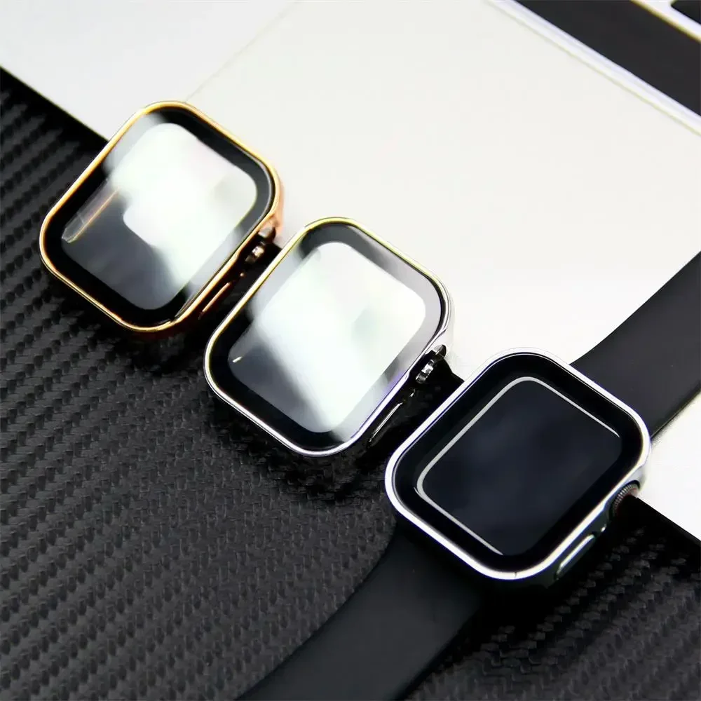 Case+glass For Apple Watch 8 7 9 45mm 41mm 44mm 40mm waterproof Screen Protector Straight Edge Bumper iWatch series 5 SE 6 Cover