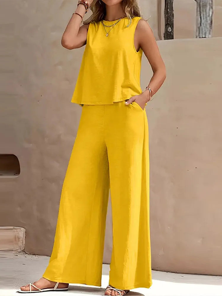

Casual Solid Vest Pants Sets Women O-neck Sleeveless Crop Tops Pockets Wide Leg Trouser 2025 Summer Lady Holiday Outfits New