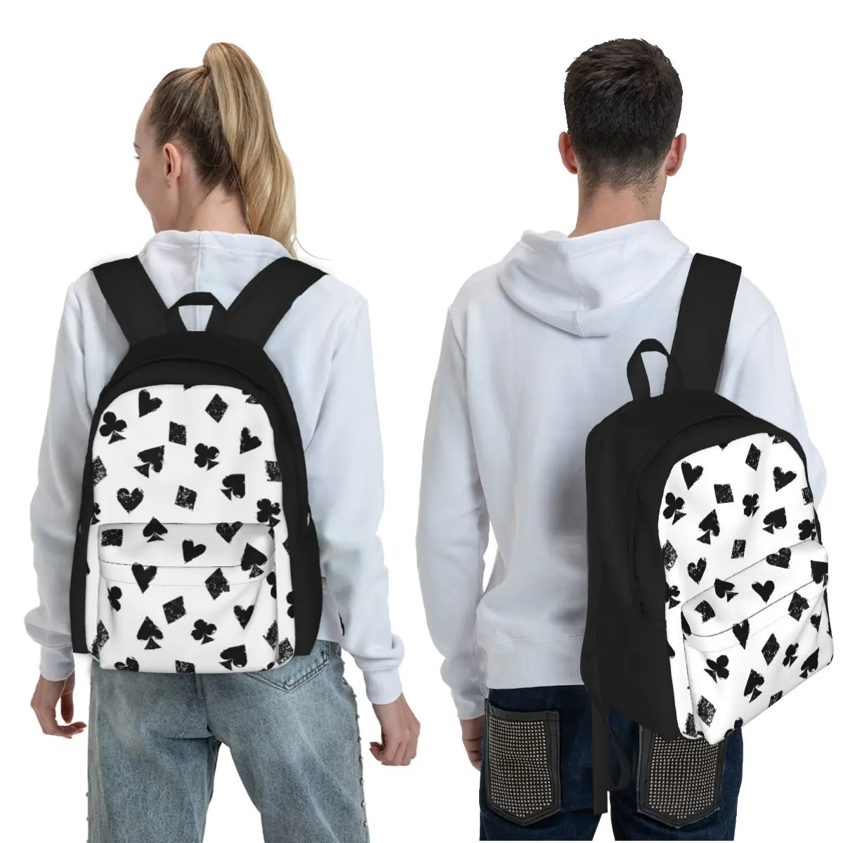 Black And White Playing Cards Suits Symbols Student Backpack School Bag Hiking Travel Daypack Fashion Bookbag Shoulder Bags