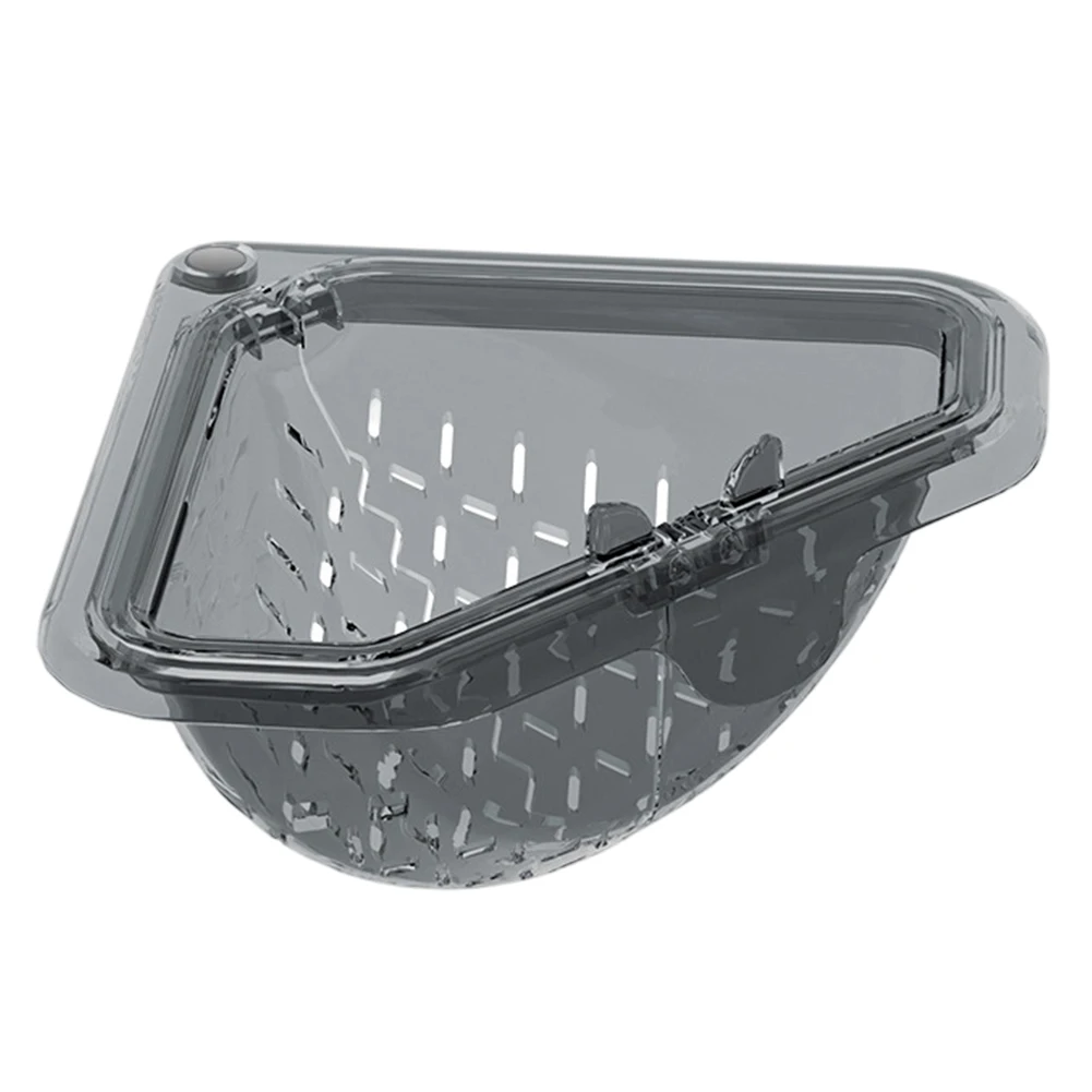 Triangular Draining Basket for Sink Magnetic Corner Strainer Basket Touchless Operation Plastic Grey 17 by 17 by 9 5 cm