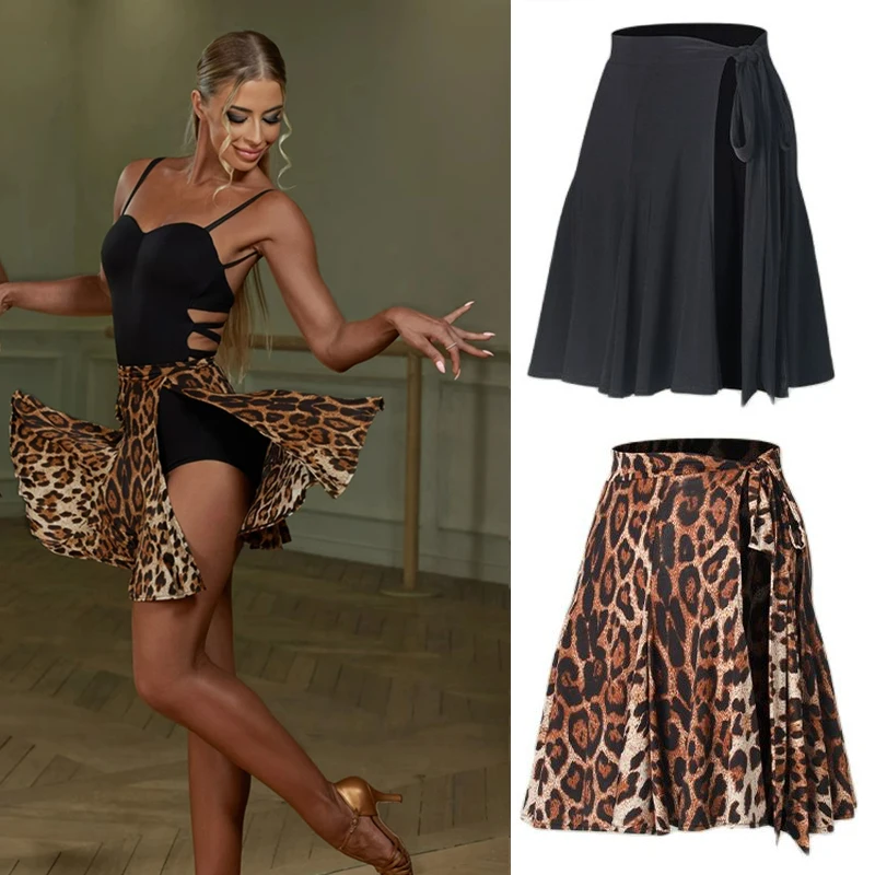 Falda de una pieza con estampado de leopardo negro para mujer, salón de baile Latino para faldas de baile, Samba, Tango, Chacha, ropa de baile Latino SL9033