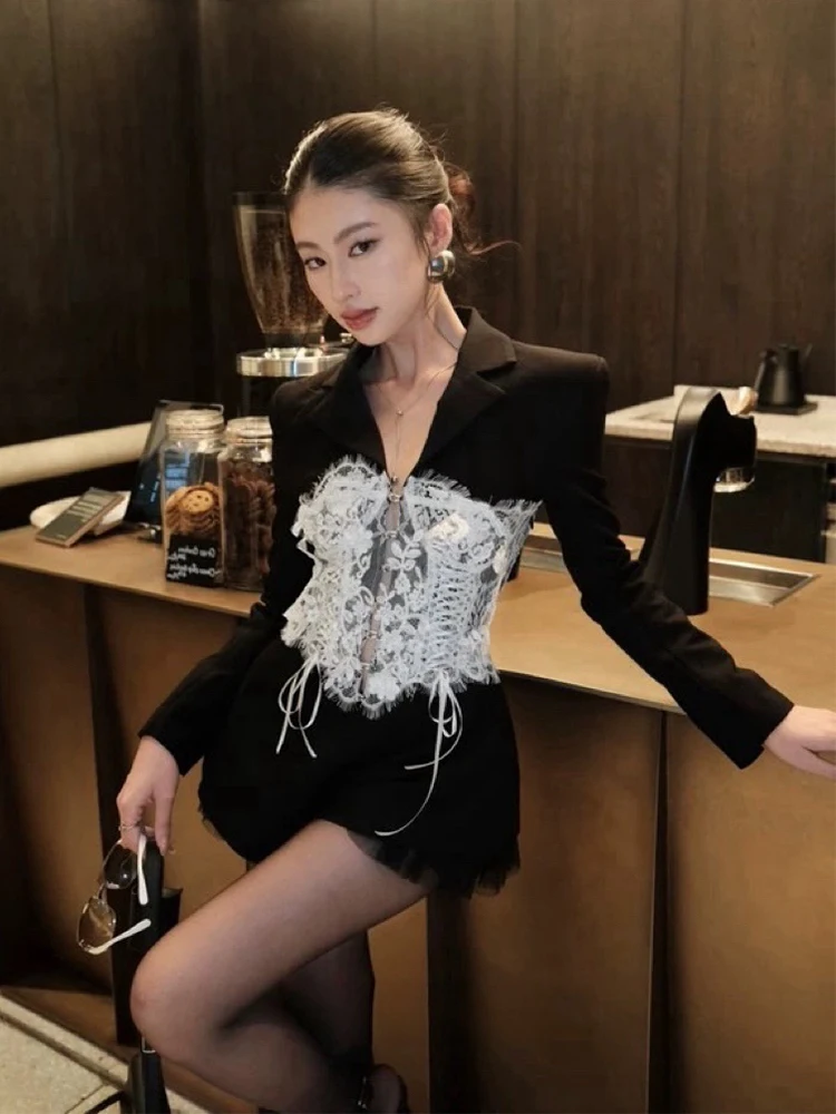 

Ele Lace Splice Suit Rer Slimming High Waist Straight Leg Pants High Quali Autumn New Sle Women's One-Piece Suit