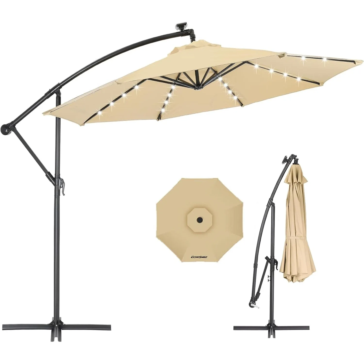 

EchoSmile 10ft Solar Offset Patio Umbrella 8 Ribs 32 Led Lights Cantilever Hanging Outdoor Umbrella Crank W/easy Tilt Adjustment