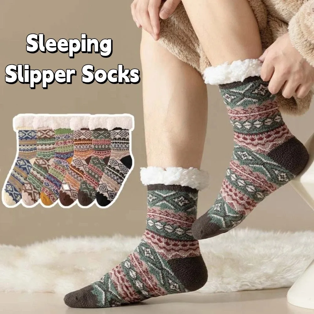 

Soft Plush Thick Thermal Socks Mid Tube Anti Slip Sleeping Socks Thicken Warm Ethnic Style Fleece Sock Winter Indoor