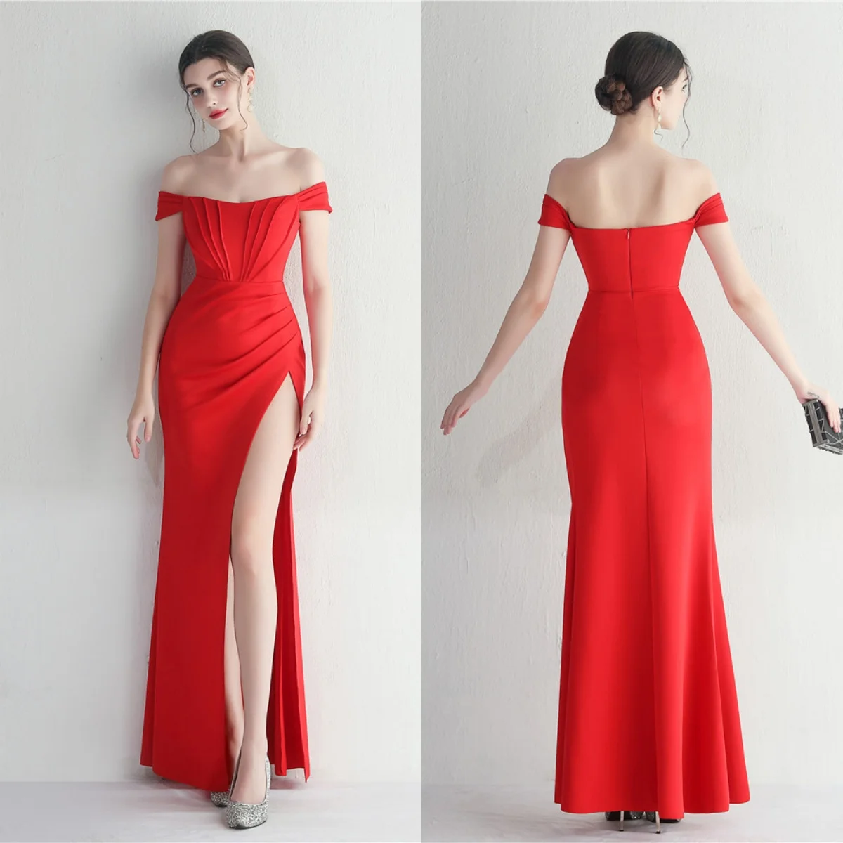 

Evening Dress Red Stretchy Off the Shoulder Pleat Zipper Back Mermaid Trumpet Floor Length Slit Women Party Formal Gowns YE101