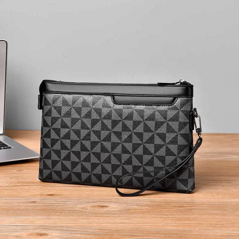 Faionable Plaid Busin Men's Underarm Handbag Soft PU Leather Young Men's Clutch Bag with Zipper Closure for Busin Use