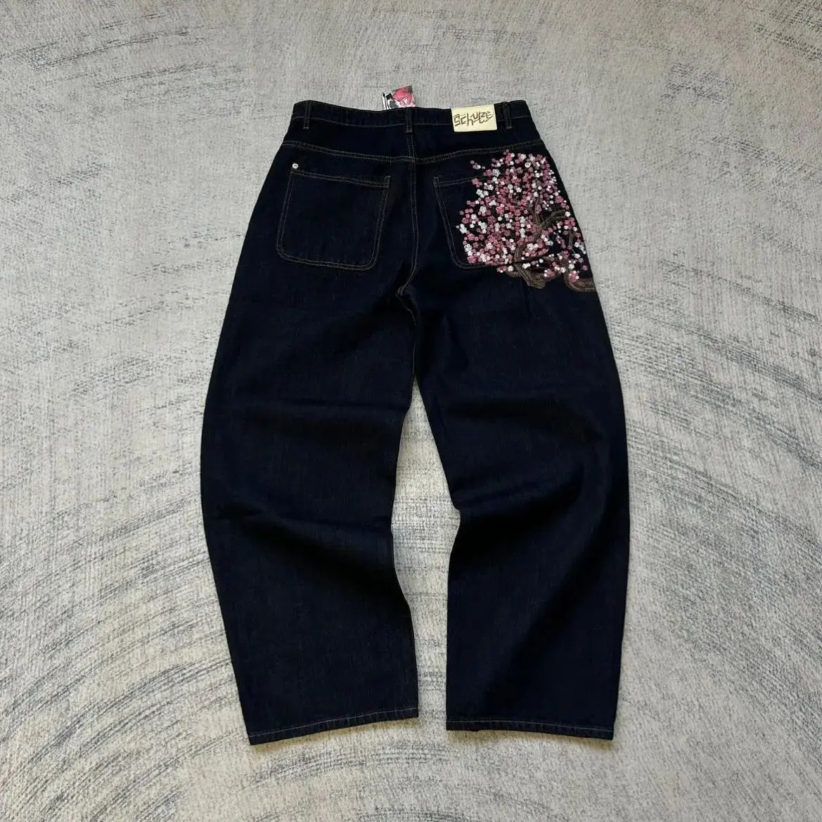 

Hip Hop Cherry Blossom Embroidered Vintage Low Waist Jeans Cleanfit Sle Neutral PVC Material Straight Leg Casual Pants