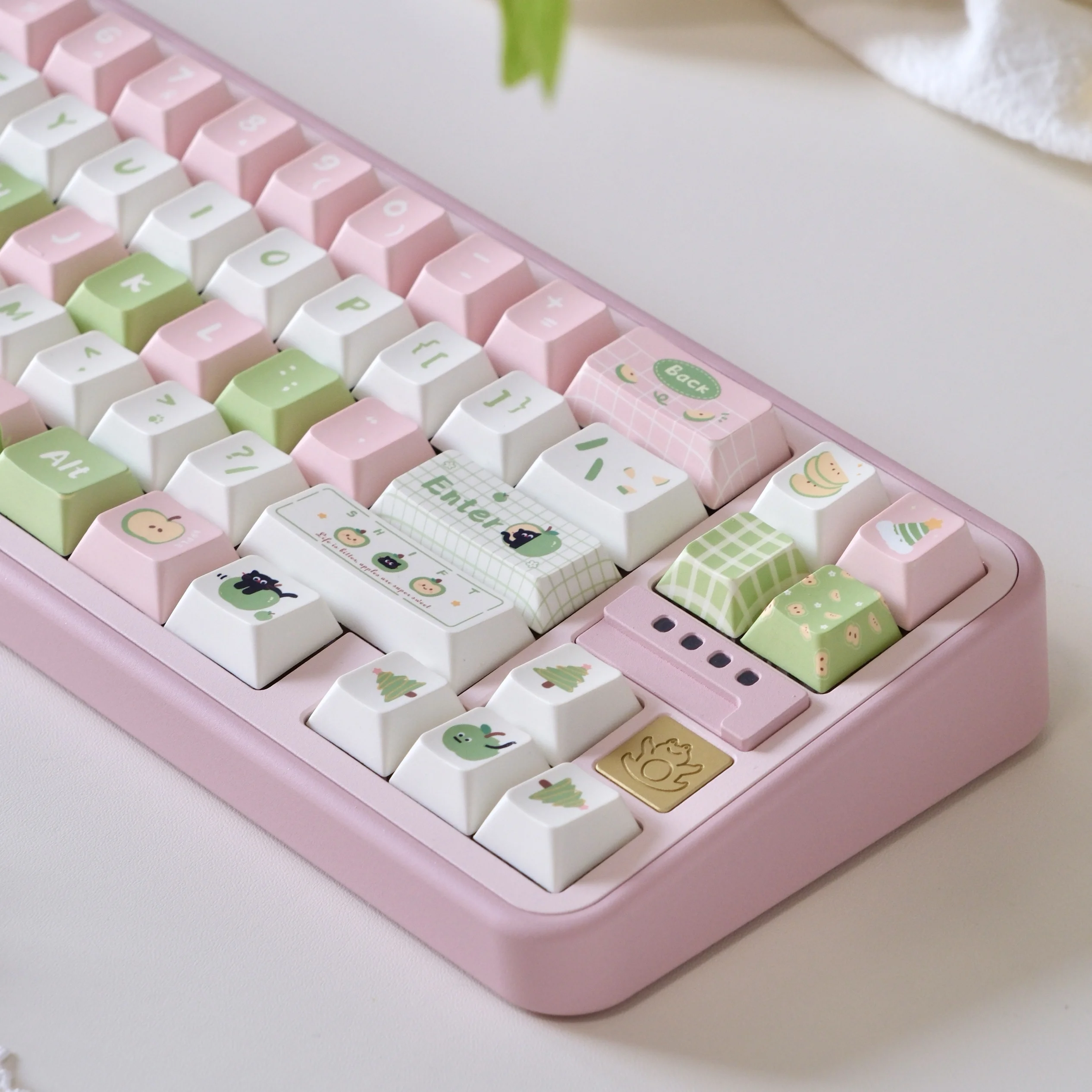 Imagem -05 - Cute Cherry Pbt Keycaps para Apple Cat Rosa Branco Verde Moa Space Bar Teclas Adicionais Sublimação Térmica 129 Chaves