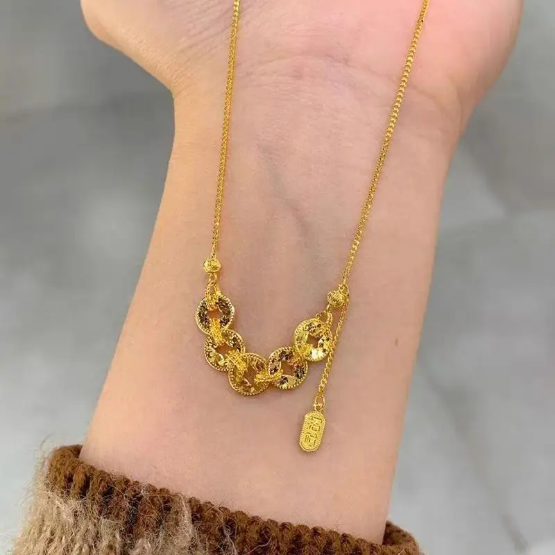 Classical double-sided hammer pattern broken ice round copper coin necklace new in charms luster collares chain banquet jewelry