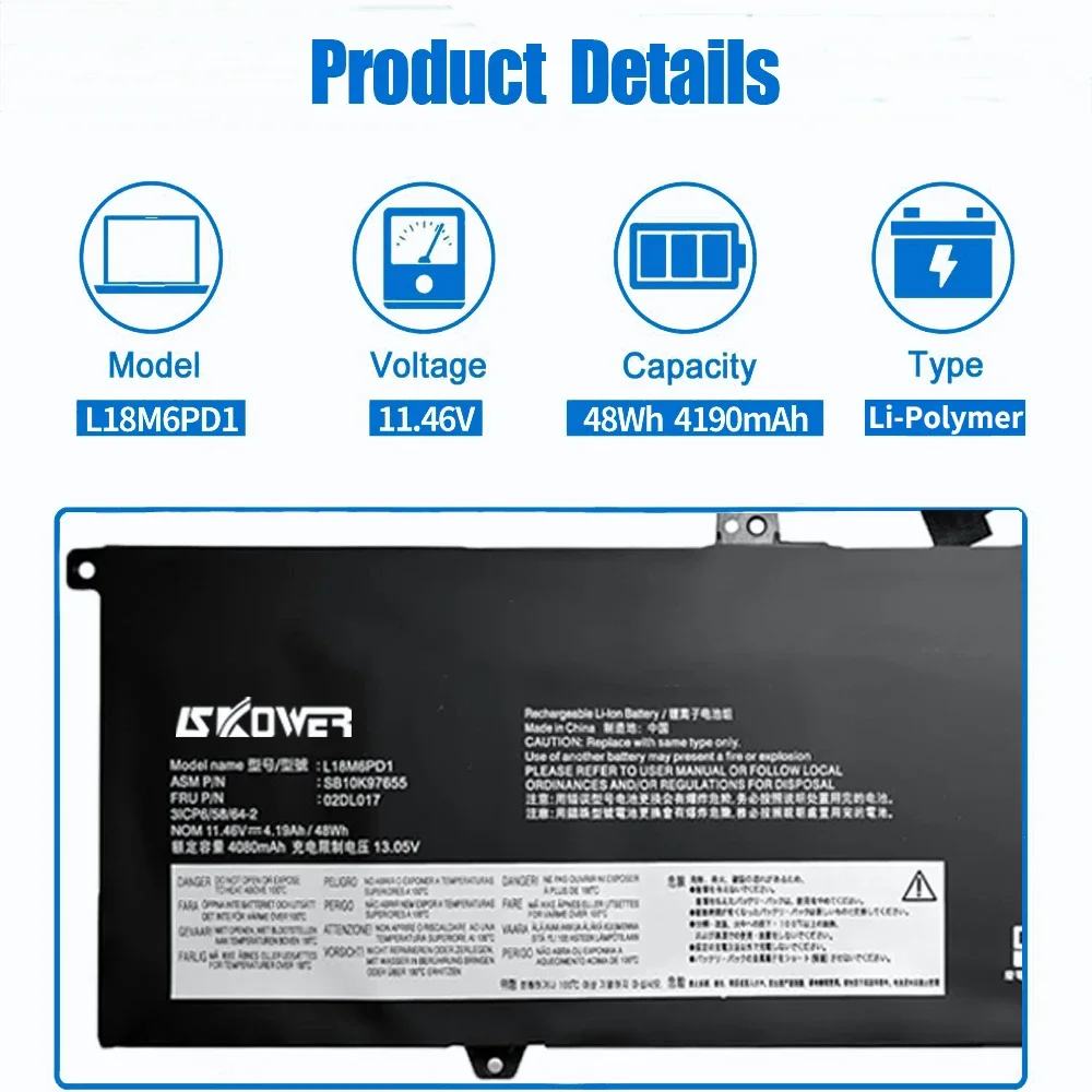 SKOWER 48Wh L18M6PD1 L18C6PD1 Battery for Lenovo ThinkPad X13 Gen 1 X390 X390-20Q1 L18M6PD2 L18D6PD1 02DL017 02DL020 SB10K97658