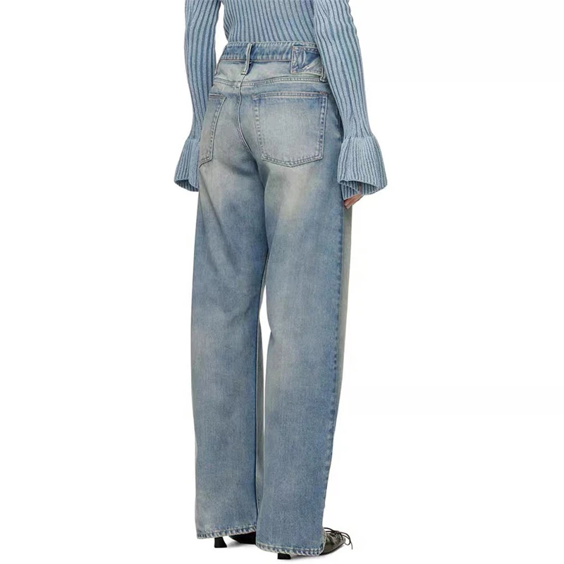 2024ss new metal big buckle belt jeans y2k high quality retro light blue washed high waist embroidered casual wide leg trousers