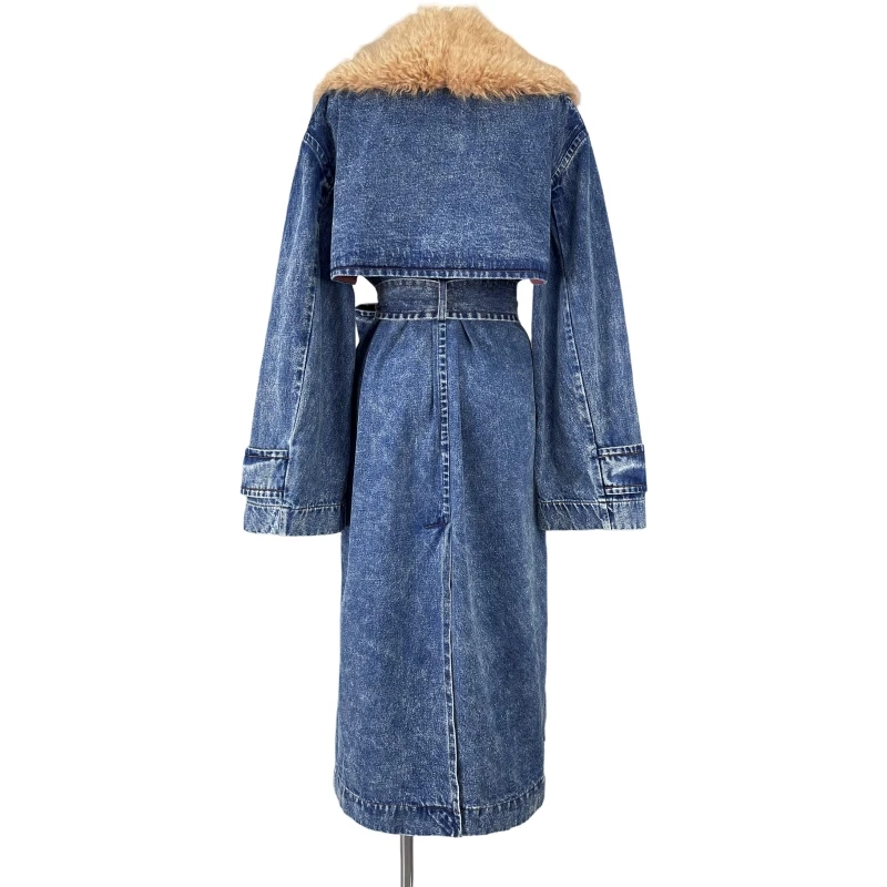 Cotton Denim Fur Collar Denim Trench Coat Coat Extended Coats for Women Luxury Trench Coat Ropa Invierno Mujer 2023