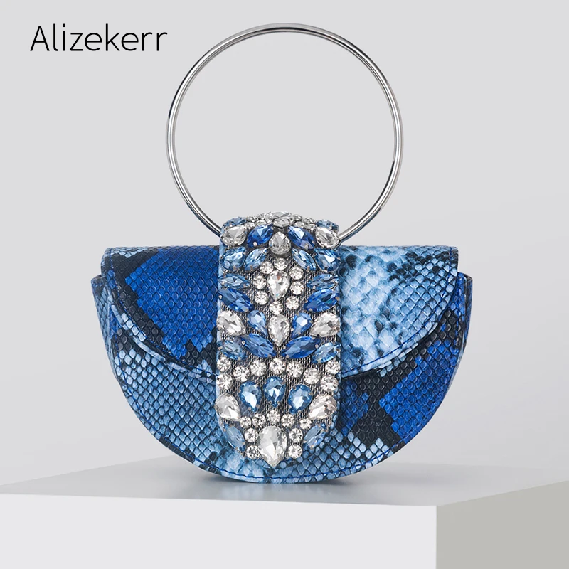 Snakeskin Pattern Half Round Handbags Women Elegant Boutique Metal Ring Handle Rhinestone Satin Evening Clutch Purses Wedding