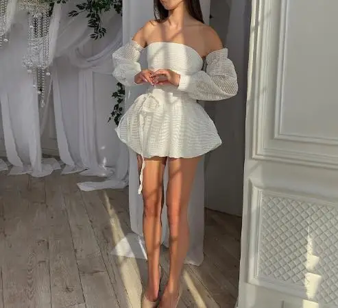 2025 Effen kleur korte mouwen strapless taille cinching jurk voor dames, elegante bubble mouw taille cinching strapless jurk