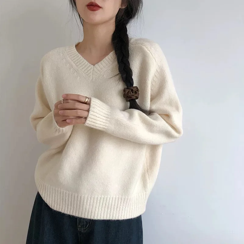 Autumn/Winter New Cashmere Sweater Women's V-Neck Knitted Pullover 100% Pure Wool Thick Tops Casual Loose Fashion Korean