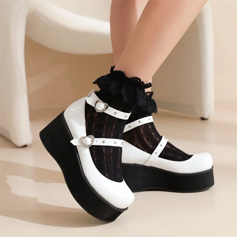 YQBTDL  2025 Lolita Cosplay Buckle Heart Wedges Platform Thick Bottom  Marry Janes Pumps Goth Women Shoes Summer Plus Size 34-43