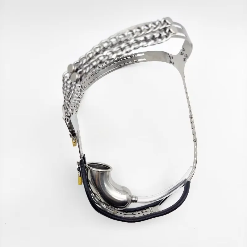 Double Metal Chain Waist Strap Male Chastity Belt Stainless Steel Penis Cage Brass Locks Ergonomic Guarded Adult Restraint Devic view 3