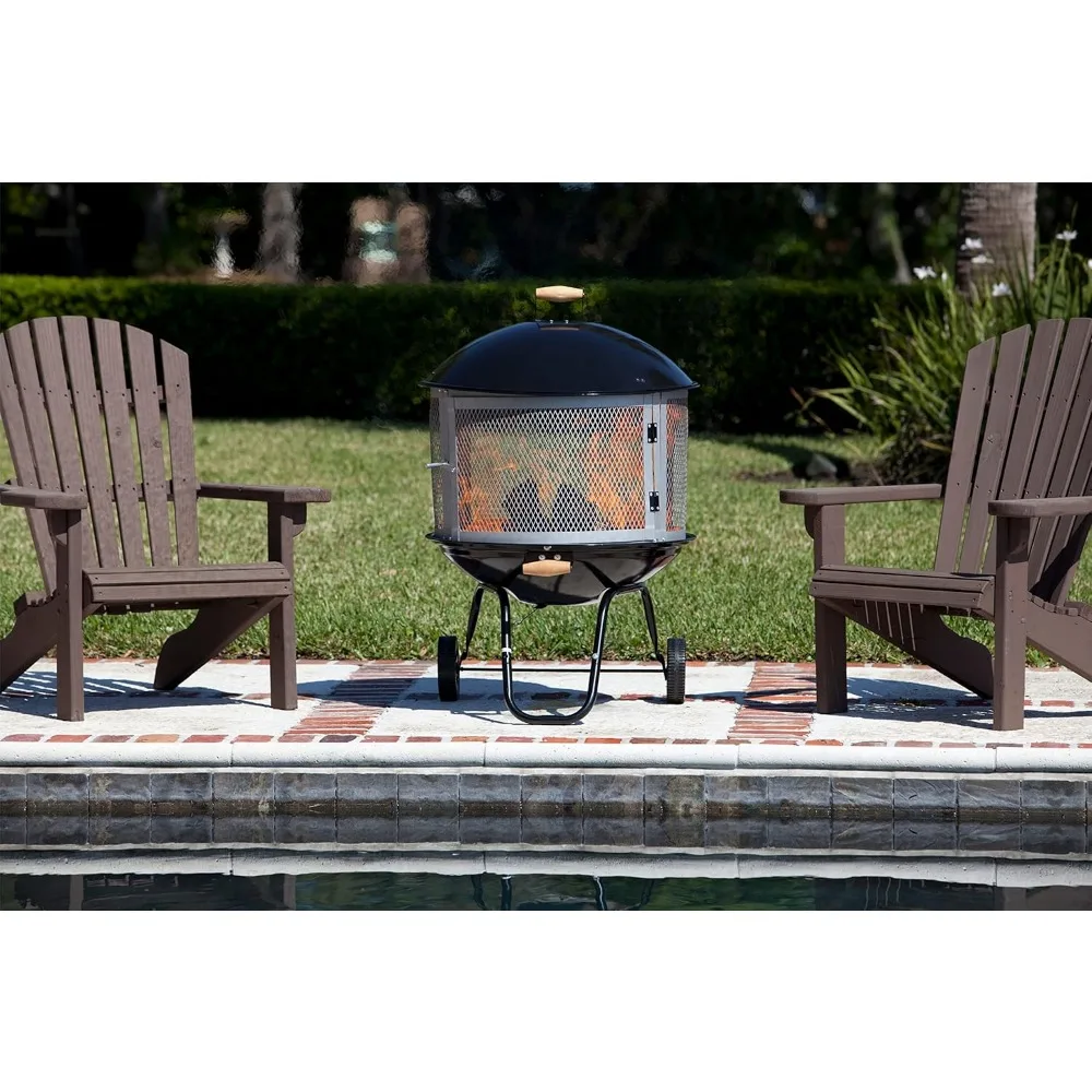 01471 Fire Pit Bessemer Rolling Patio Fireplace Wooden Bonfire Porcelain Enamel Wood Burning with Wheels