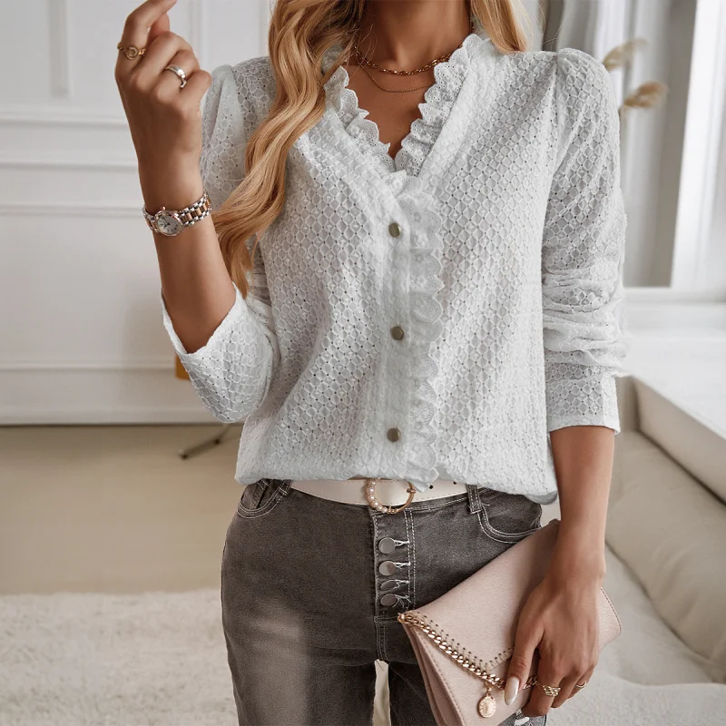 2024Autumn Winter Shirt Women's European and American Temperament Commute Button Lace Cardigan Top