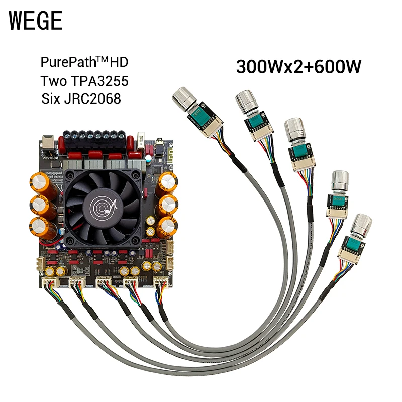 WEGE ZK-AS21P 300Wx2+600W  2.1 Channel BT Digital Power Amplifier Board Subwoofer TPA3255  AMP Wuzhi Audio APP  Treble Bass