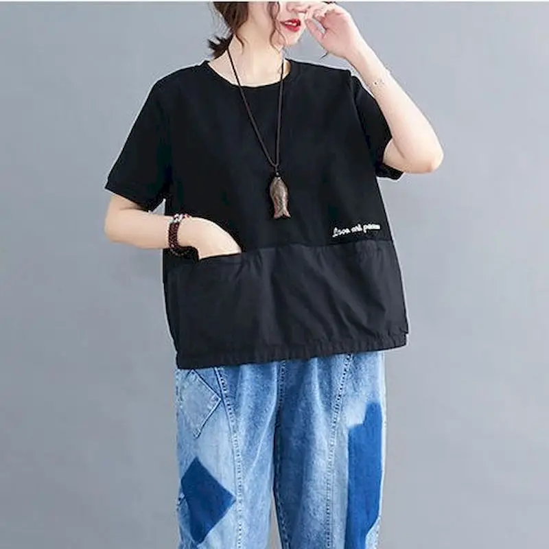 90% Cotton T Shirts Women Fashion Solid Color Patchwork Casual T-shirt Art Loose Short Sleeve Oversized Tops Summer Trend Tshirt