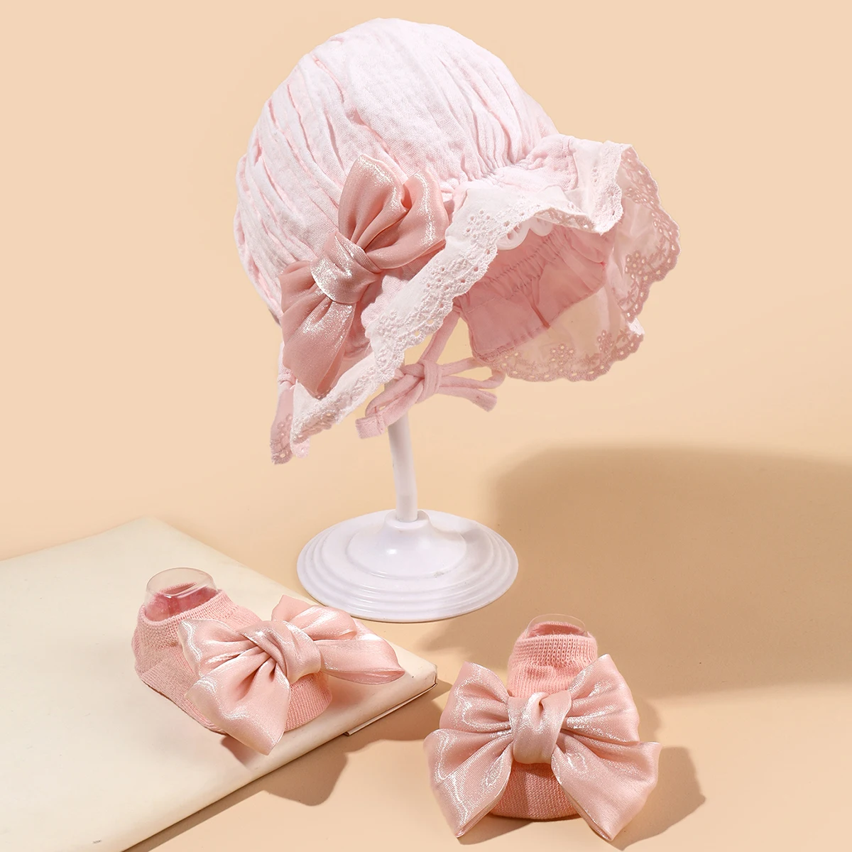 2Pcs Baby Girls Cap Socks Set Cute Bow hat Newborn Short Tube Sock+ Turban Hat Summer Thin Infant cotton Caps