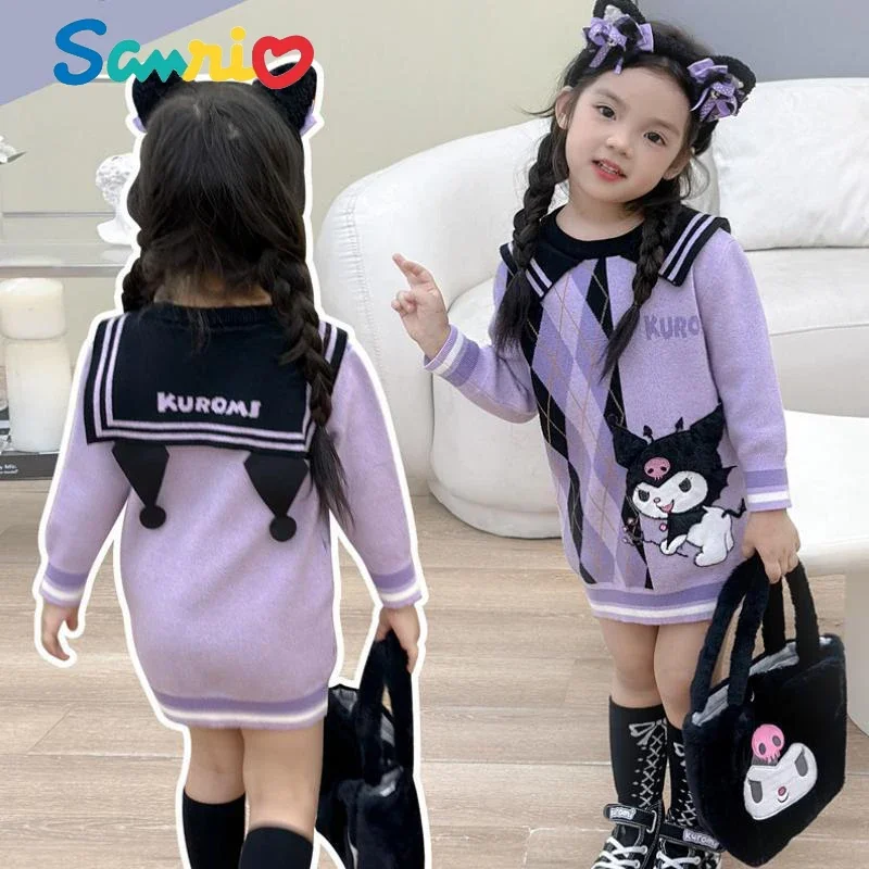 Sanrios Kuromi Anime Kawaii Prep Kids Sweater Dress Long Sleeves Knitted Princess Dresss Plus Velvet Girls Skirt Toddler Clothes