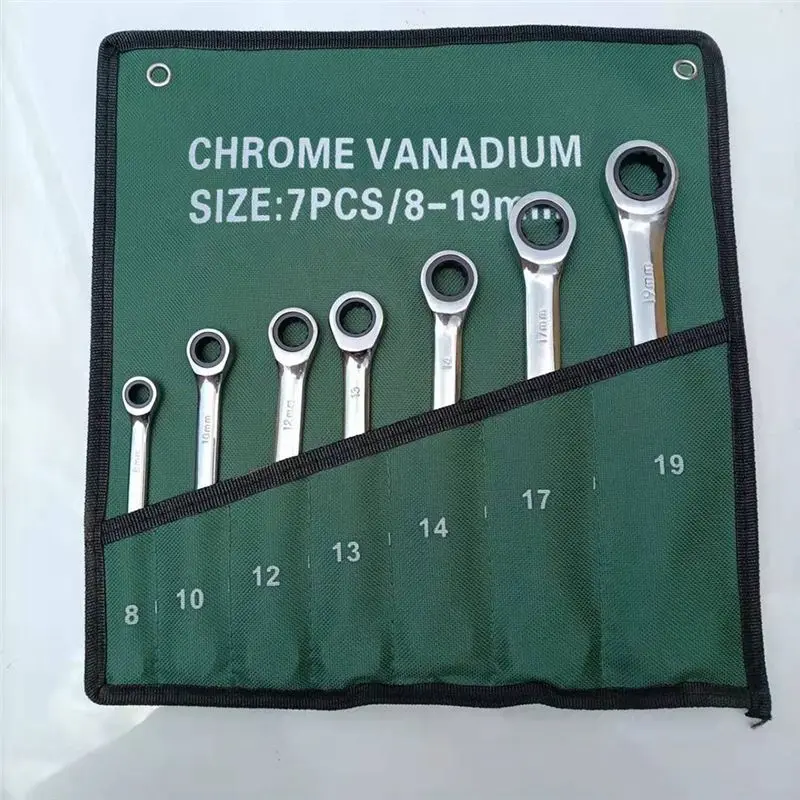 HRBAJ-Dual-Purpose Ratchet Wrench 7-Piece Set In Cloth Bag Mirror Wrench Open End Wrench