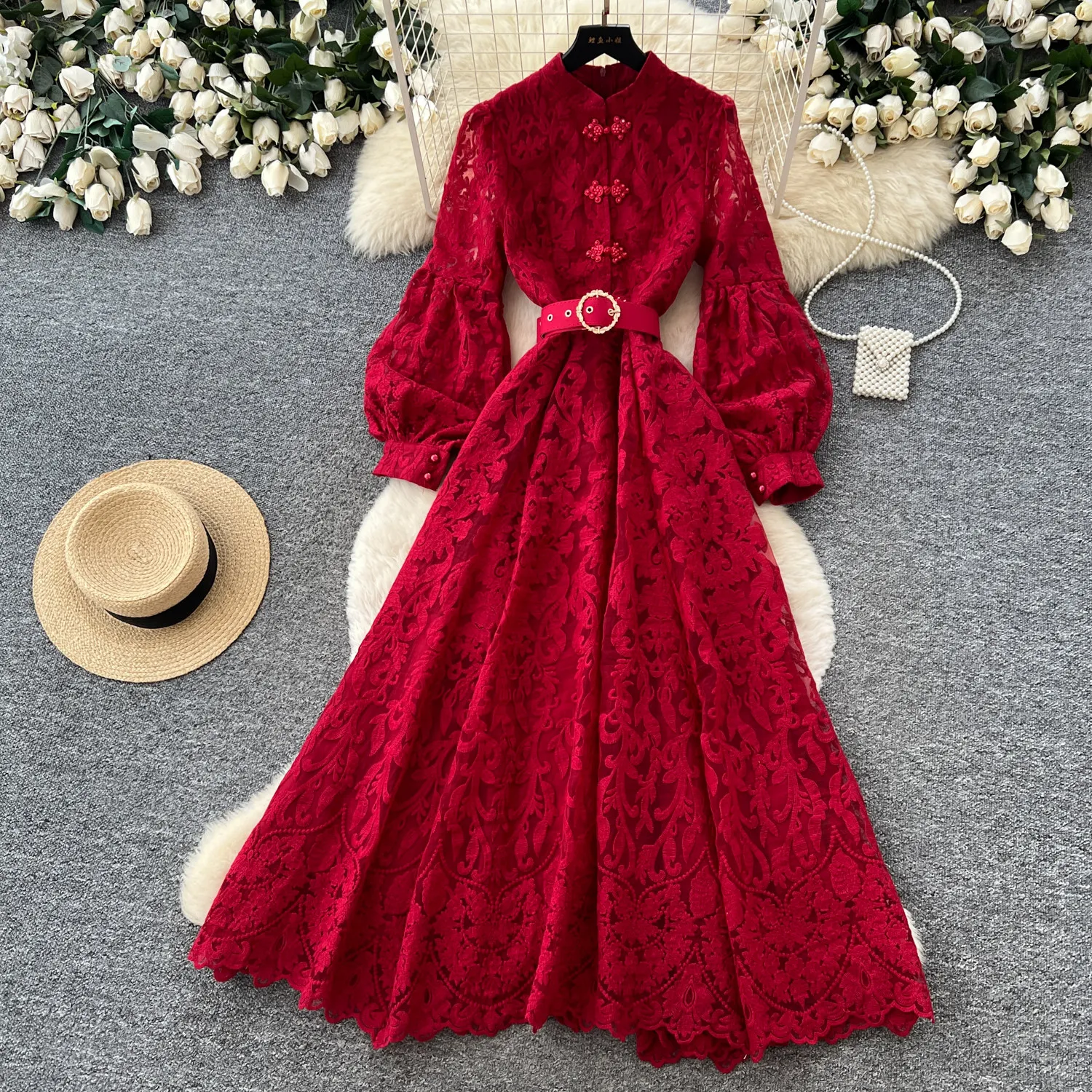 Elegant Chic Lace Tie Waist Fall maxi Dress A-line Casual  Puff Sleeve Vestidos Evening party gown