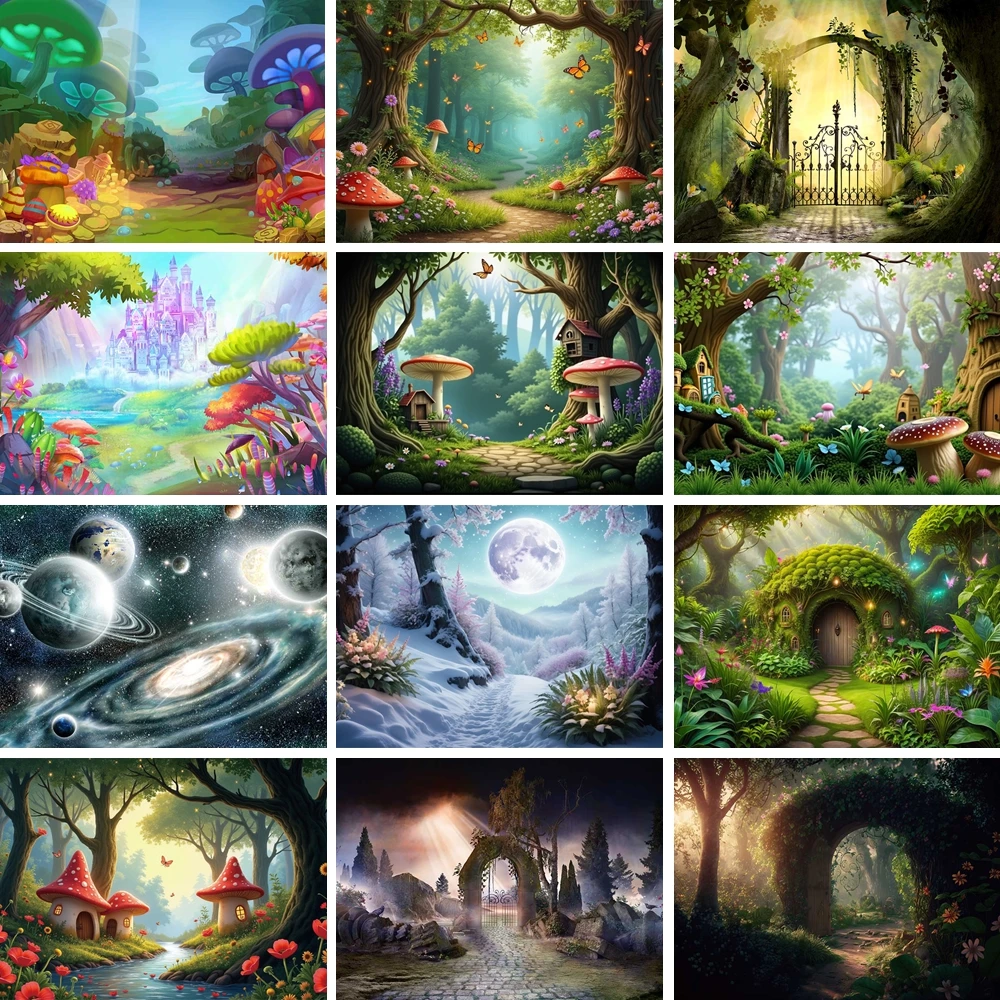 

MOON.QG Enchanted Forest Mushroom Backgrounds For Photography Books Castle Backdrop Birthday Decorations Photocall Poster Wall