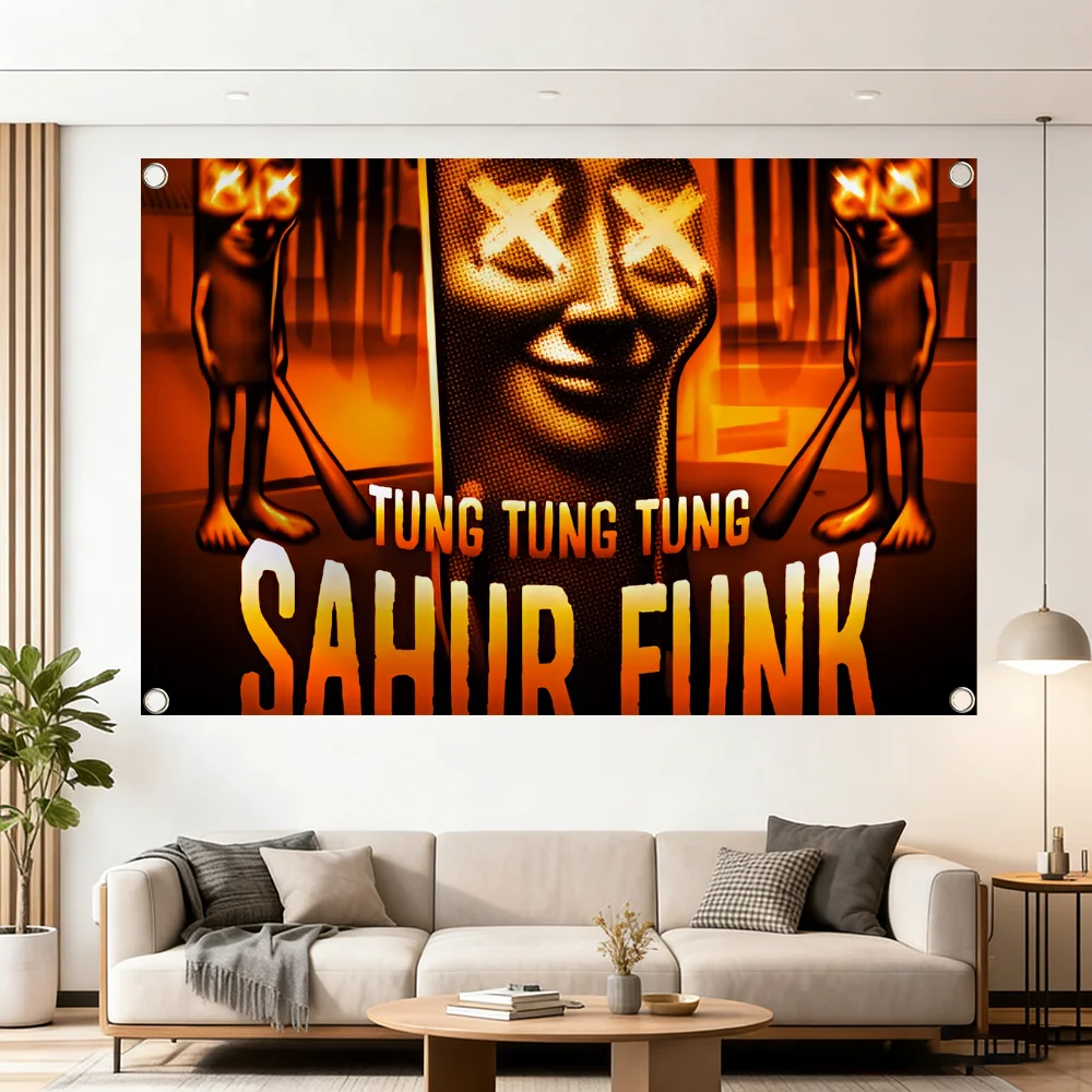 T-Triple T Meme Tung Tung Sahur Flag Decoration Outdoor Picnic Party Art Hanging Home Camping Party Banner Best Sellers