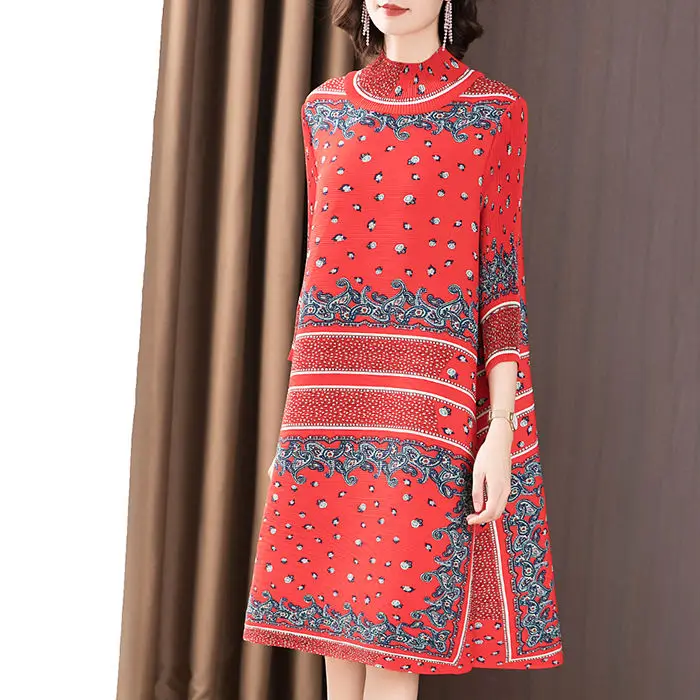 Oversized Retro Dress Autumn 2024 Fashion High Neck Printed Loose A-line  vestidos de mujer elegantes para fiesta