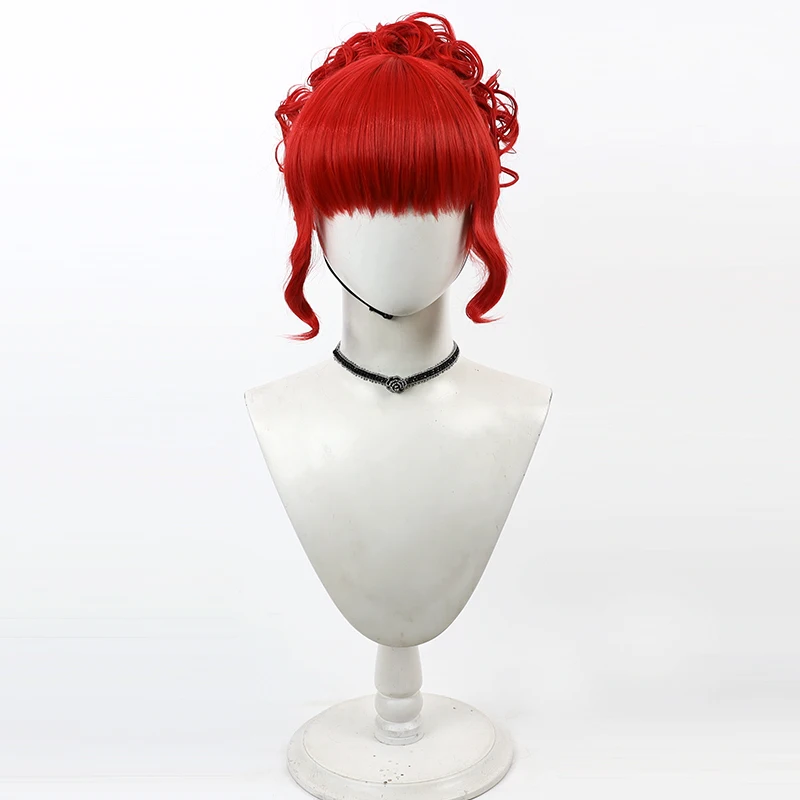 Movie Beetlejuice Cosplay Miss Argentina Wig Red Wigs with Curly Bun Heat Resistant Synthetic Hair Halloween Costume Party Wigs