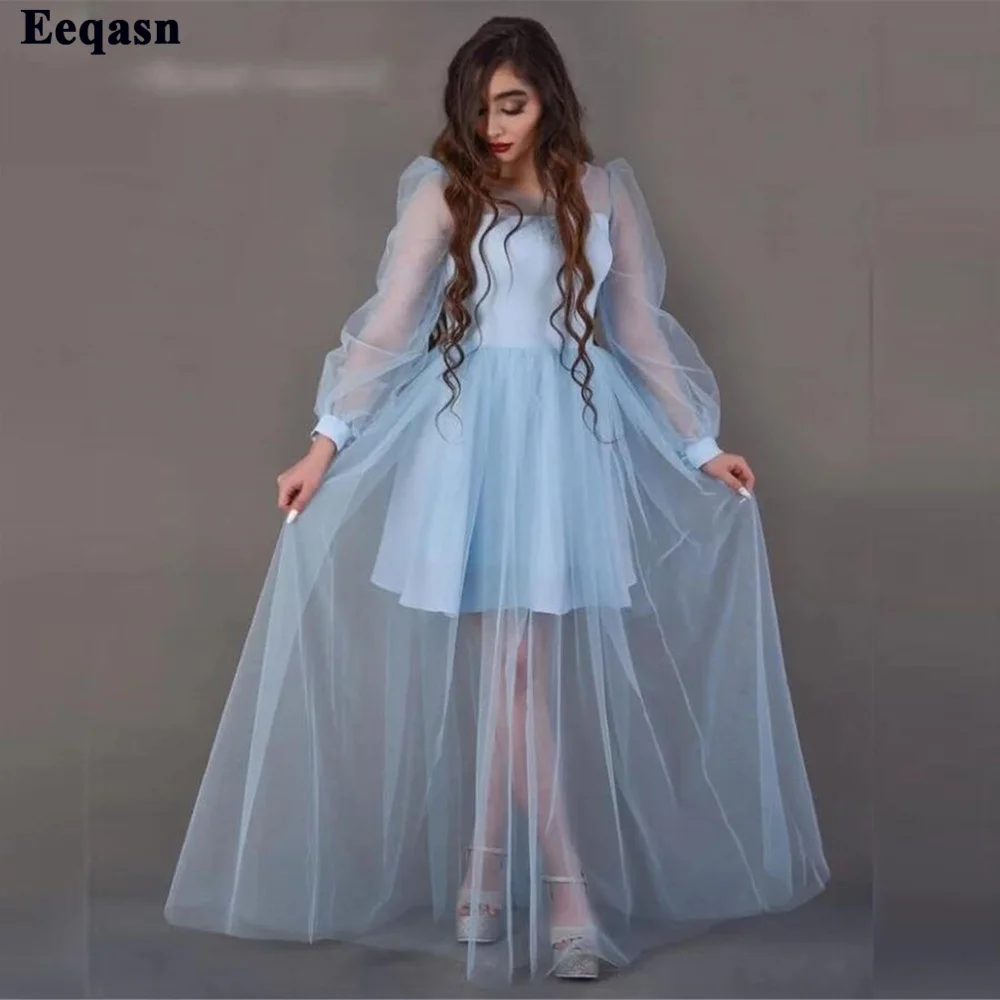 Eeqasn Gaun Prom Tulle Satin Biru Langit Sederhana Gaun Malam Formal Lengan Panjang Gaun Pesta Homecoming Acara Khusus Wanita