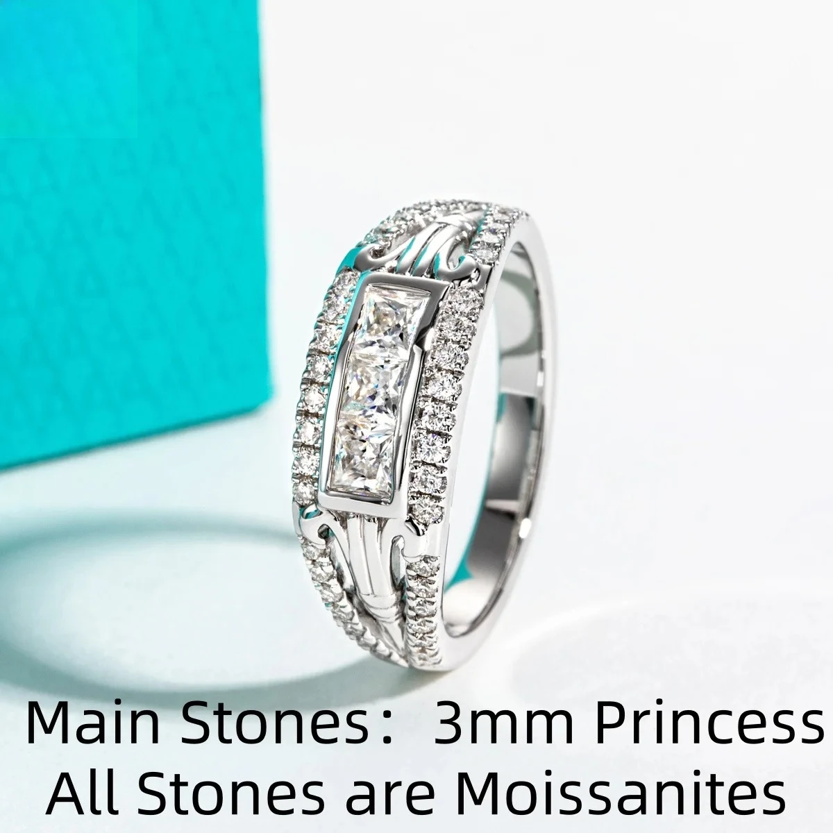 

3mm Princess D Color Full Moissanite Roman Column Retro Promise Ring 925 Sterling Silver Wedding Rings for Women Men Jewelry