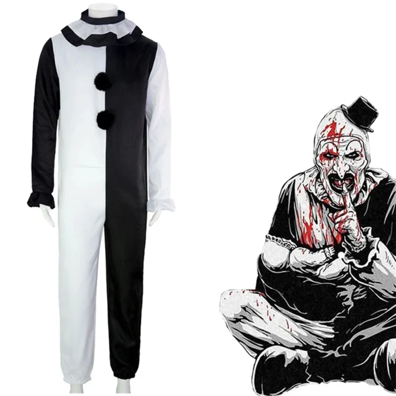 Clown Joker Cosplay Kostüm Maske Terrifier Overall Frauen Männer Halloween Horror schwarz weiß Bodysuit TV Kunst der Clown Kleidung Set