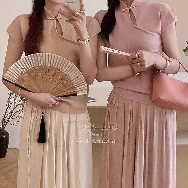 النمط الصيني طوق قصيرة الأكمام رائعة فريدة من نوعها بلوزة شيونغسام لطيف التخسيس محبوك سيدة قاعدة قميص Vinatge #6