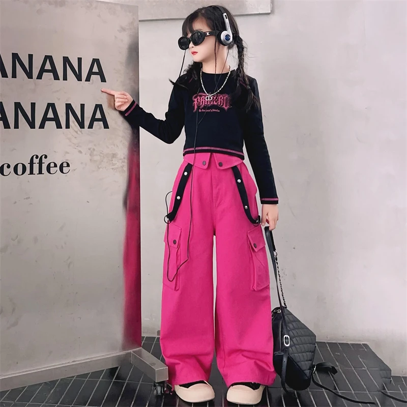 autumn teen girls Street Dance Set cotton t-shirt+pink cargo pants 2pcs junior kids clothes suit child outfits vetement fille 14