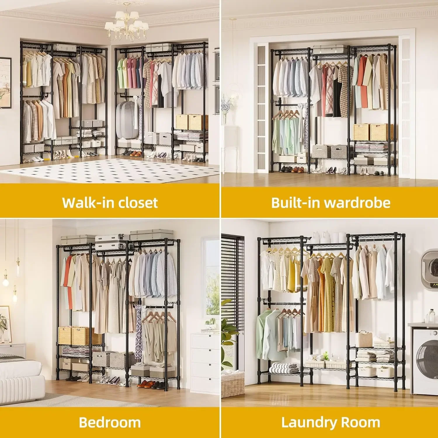 Closet Organizers and Storage System, Heavy Duty Walk-in Closet Shelves System, Adjustable Clothes Rack with 3 Hanging Rods, 8 S