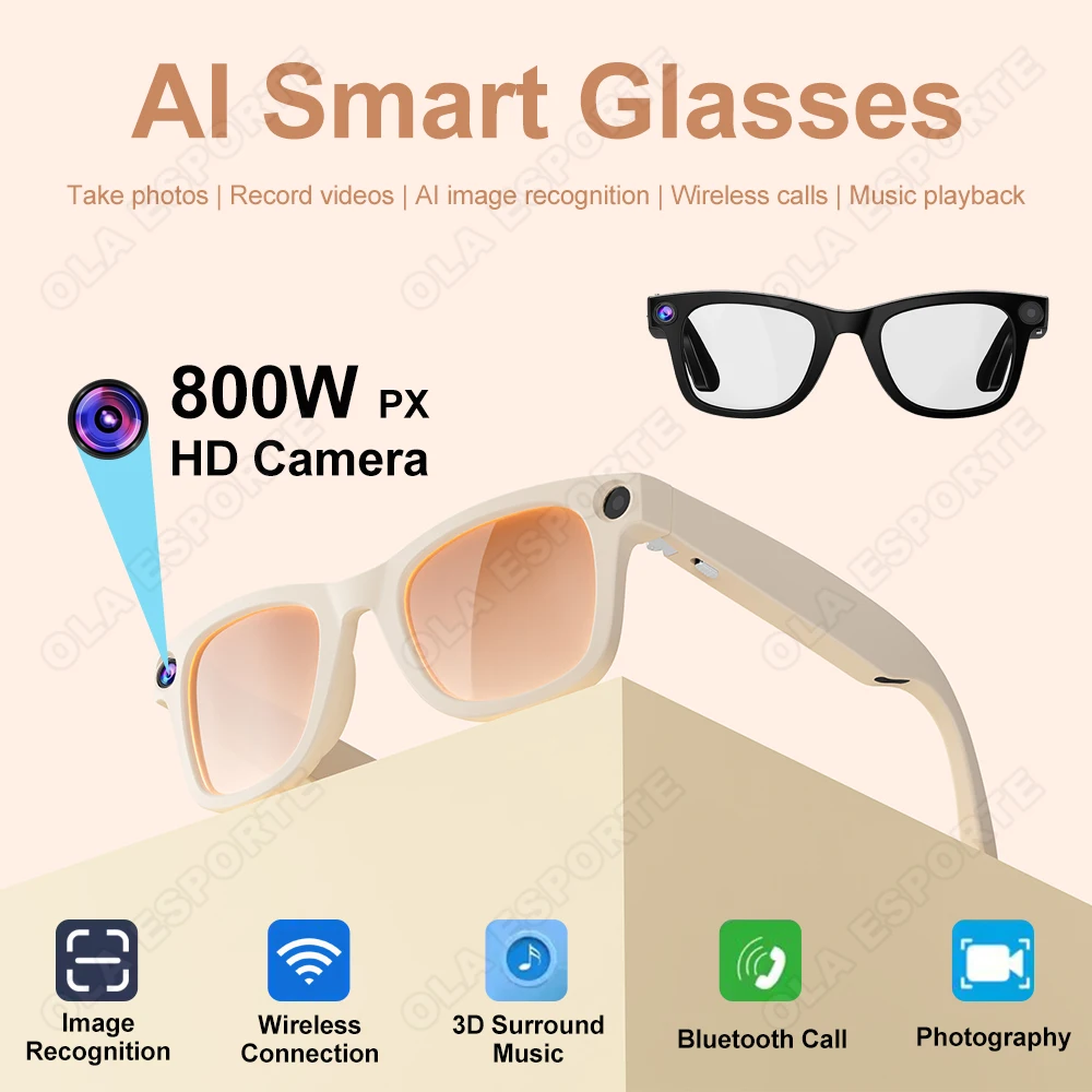 

800W Camera Smart Glasses Album Video Recording AI Image Recognition Music Playback Voice Assistant Wireless AI Glasses New 2025