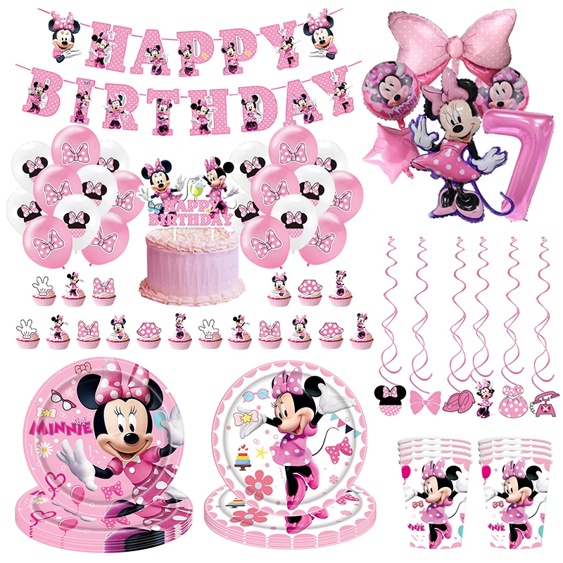 Disney Minnie Mouse Birthday Party Decoration Disposable Tableware Cup Plate Straws Minnie Balloons Supplies Baby Shower Girls