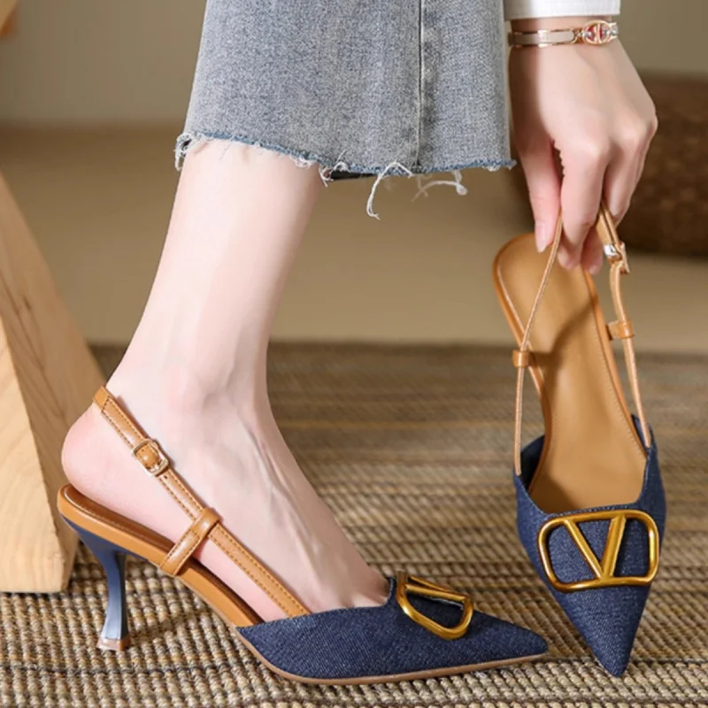 

2025 French Style Denim High Heels for Women, Pointed Toe Stiletto Dress Pumps, Classic Closed Toe Cowboy Fabric Shoes